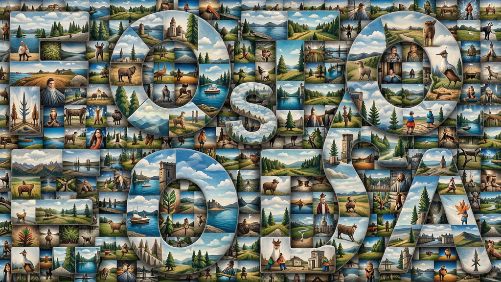 一张由众多风景、人物、动物小图拼贴而成的巨型“Foto-Mosaik-Edda”字母图案,主体为字母,布局饱满,排版紧凑,风格现代艺术,细节丰富,画质高清,干净无多余元素