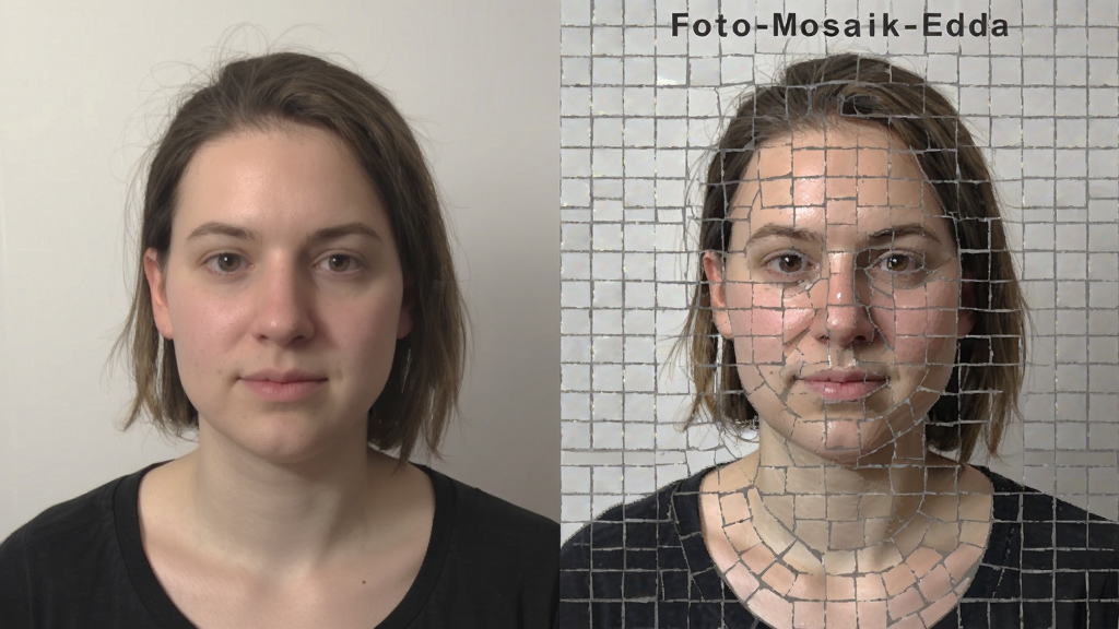 一张对比图,左侧是原始人像照片,右侧是“Foto-Mosaik-Edda”制作完成的马赛克拼图效果,主体为人像,布局左右对比,排版清晰,风格写实,细节放大展示马赛克格子,画质高清,干净无多余元素