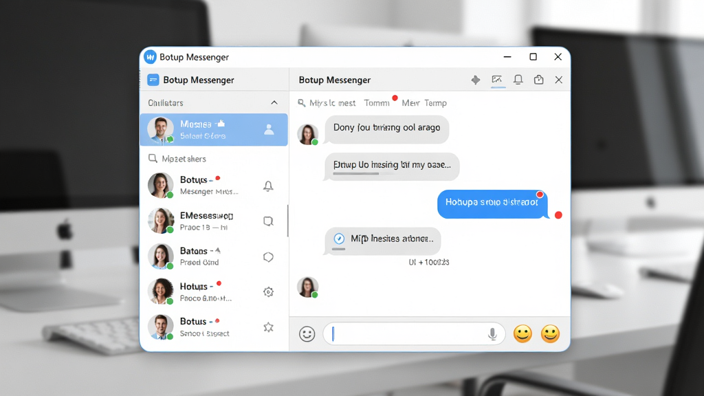 主体:Bopup Messenger软件界面展示,一个现代的企业即时通讯客户端窗口,左侧为联系人列表,右侧为聊天对话框,背景为浅色办公环境。布局:居中构图,软件窗口作为视觉中心,周围有模糊的办公桌和电脑屏幕作为环境衬托。排版:界面元素清晰,聊天气泡、联系人头像、菜单栏等细节可见,文字标签显示“Bopup Messenger”字样。风格:写实风格,光影自然,色彩明亮,体现专业与高效。细节:窗口边框圆润,有未读消息红点提示,底部输入框带有表情图标。画质:高清渲染,细节丰富,干净,无多余元素。