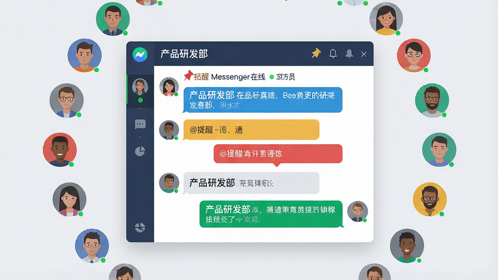 主体:Bopup Messenger群组聊天界面,多个用户头像围绕一个群聊窗口,消息列表中有@提醒和高亮消息。布局:群聊窗口居中,头像以环形排列在周围,形成环绕效果。排版:聊天消息气泡颜色各异,@提醒用红色高亮,置顶消息带有图钉图标。风格:现代扁平化,背景为淡灰色,色彩活泼。细节:群组名称“产品研发部”显示在顶部,成员在线状态用绿点表示。画质:高清,细节丰富,干净,无多余元素。