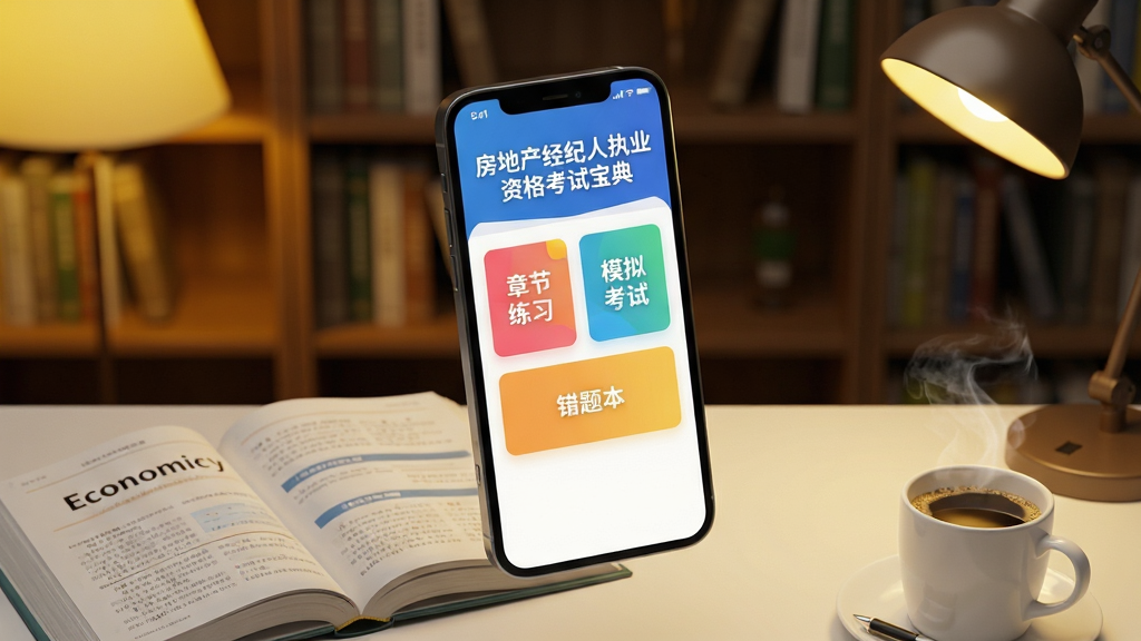 画面主体为一部智能手机悬浮于半空,屏幕正面展示“房地产经纪人执业资格考试宝典”APP主界面,界面清晰显示“章节练习”、“模拟考试”、“错题本”三大彩色功能卡片。手机下方是一张整洁的书桌,桌面摆放着翻开的经济学教材与一杯冒着热气的咖啡。背景为虚化的书房书架,暖黄色灯光营造安静专注的学习氛围。整体构图以手机为中心,采用45度俯视角度,画面风格为写实3D渲染,细节丰富,画质干净无多余元素。