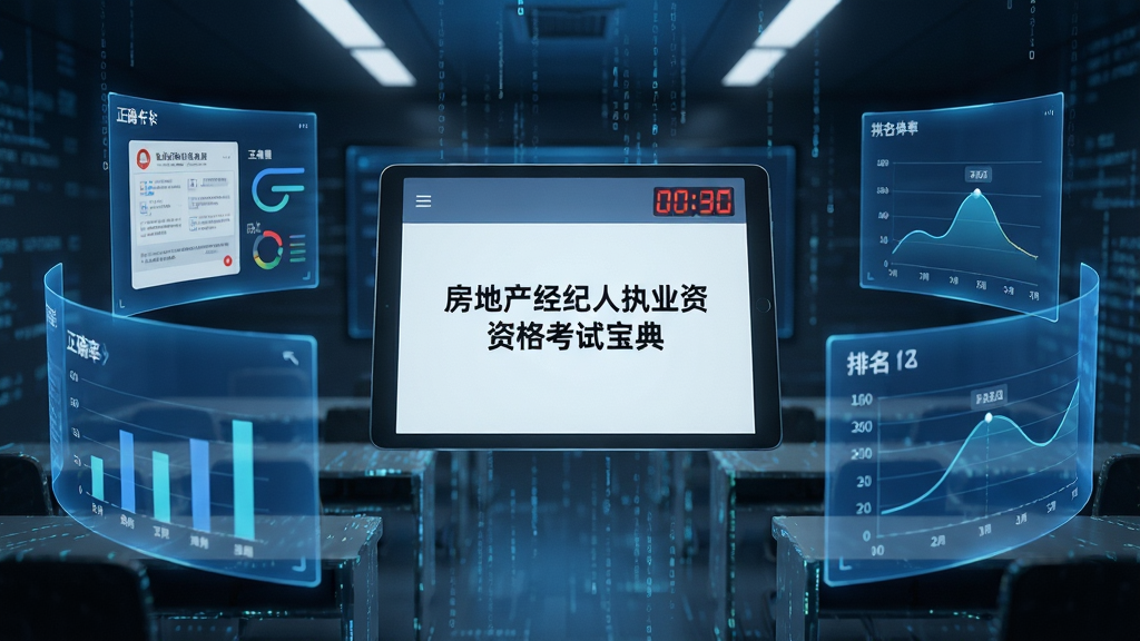 画面主体为一座由数据流构成的虚拟考场,正中央悬停着一台平板电脑,屏幕显示“房地产经纪人执业资格考试宝典”的模拟答题界面,界面右上角有红色倒计时数字。考场周围环绕着半透明的蓝色数据屏幕,展示着答题卡、正确率统计和排名曲线。整体构图具有纵深感,采用未来主义科技风格,光影层次分明,画质细腻干净无多余元素。