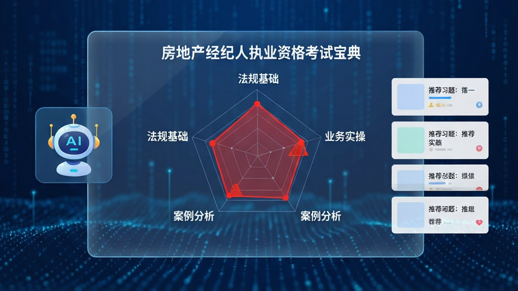 画面主体为一块半透明的全息投影屏幕,屏幕中央显示“房地产经纪人执业资格考试宝典”的考点掌握度雷达图,五个坐标轴分别标注“法规基础”、“业务实操”、“案例分析”等标签,其中两块区域被红色高亮预警。屏幕左侧悬浮着AI智能助手图标,右侧则排列着推荐习题的列表卡片。整体布局科技感十足,背景为深蓝色数据流动光效,风格为现代扁平化信息图设计,文字标注清晰锐利,画质干净整洁无多余元素。