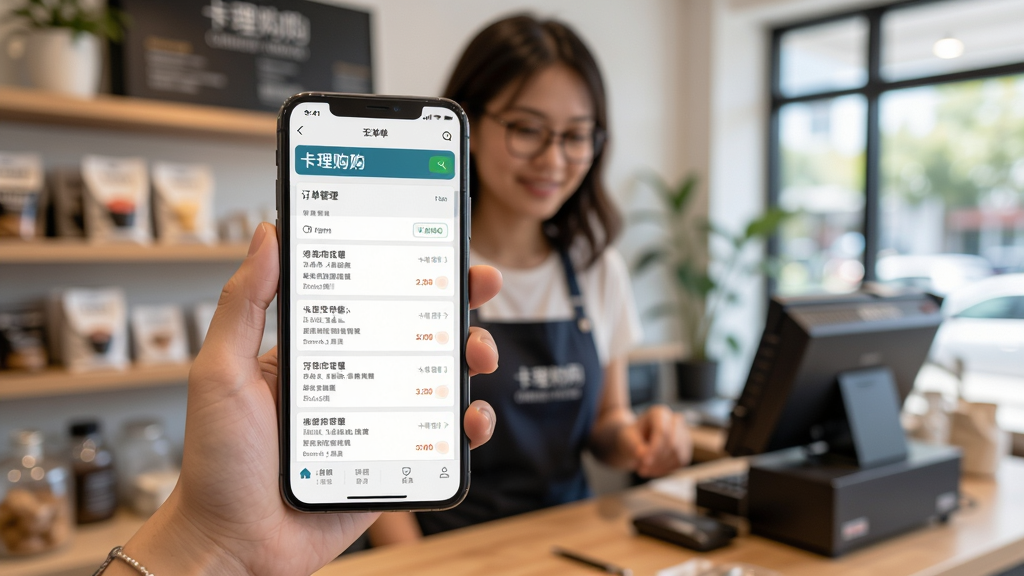 卡理购商家端移动端使用场景图,主体为商家手持手机查看店铺订单,布局展示手机屏幕中的订单管理列表,排版自然和谐,风格写实生活化,细节包括背景模糊的店铺环境,画质清晰干净无多余元素