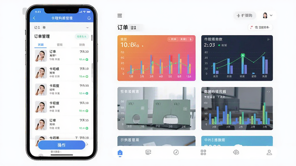 卡理购商家端软件界面预览图,主体为智能手机展示商品管理后台,布局清晰展示订单列表与数据图表,排版现代简洁,风格商务科技感,细节包括彩色数据看板与操作按钮,画质高清干净,无多余元素