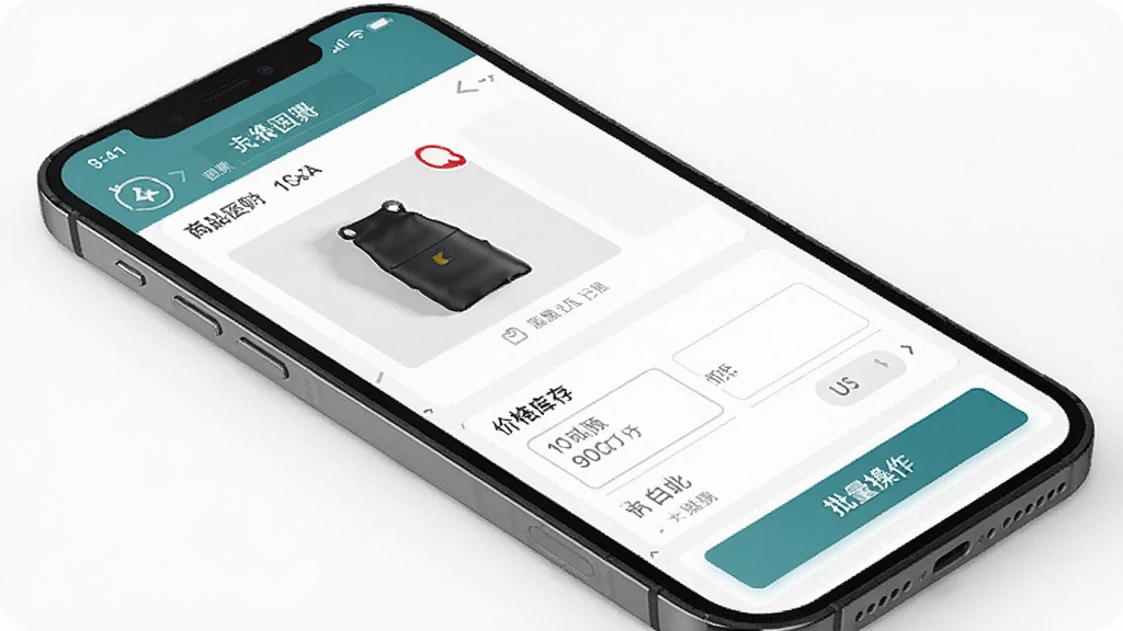 卡理购商家端商品管理功能界面,主体为手机屏幕展示商品编辑页面,布局规整展示商品图片上传区与价格库存填写栏,排版清晰有序,风格清爽实用,细节突出批量操作按钮,画质干净无多余元素