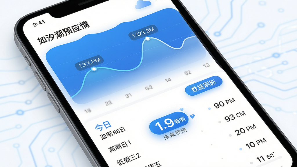 主体:如意潮汐表应用内潮汐预报详情页,展示曲线图和未来7天列表。布局:上方为潮汐曲线,下方为日期列表,高亮显示今日数据。排版:信息层级分明,数字与图表结合,视觉重心突出。风格:简约科技风,蓝白配色,带轻微渐变。细节:图表标注高潮、低潮时间点,数据刷新按钮可见,背景干净,无多余元素。画质:高清细腻,文字清晰,干净无多余元素。