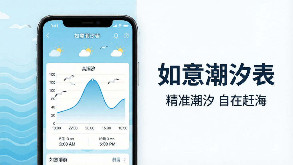 主体:手机屏幕展示如意潮汐表主界面,界面中央显示当天的潮汐曲线图和高低潮时间,背景为浅蓝色海洋波纹与简约天气图标。布局:手机位于画面中心偏左,右侧留白区域用文字标注“如意潮汐表”和“精准潮汐 自在赶海”。排版:主标题大号加粗,副标题小号,界面元素清晰排列。风格:扁平化设计,色彩清新明快,海洋蓝与白色为主色调。细节:潮汐曲线平滑,时间刻度清晰,海鸥点缀,整体干净无多余元素。画质:高清渲染,画面通透,干净无多余元素。