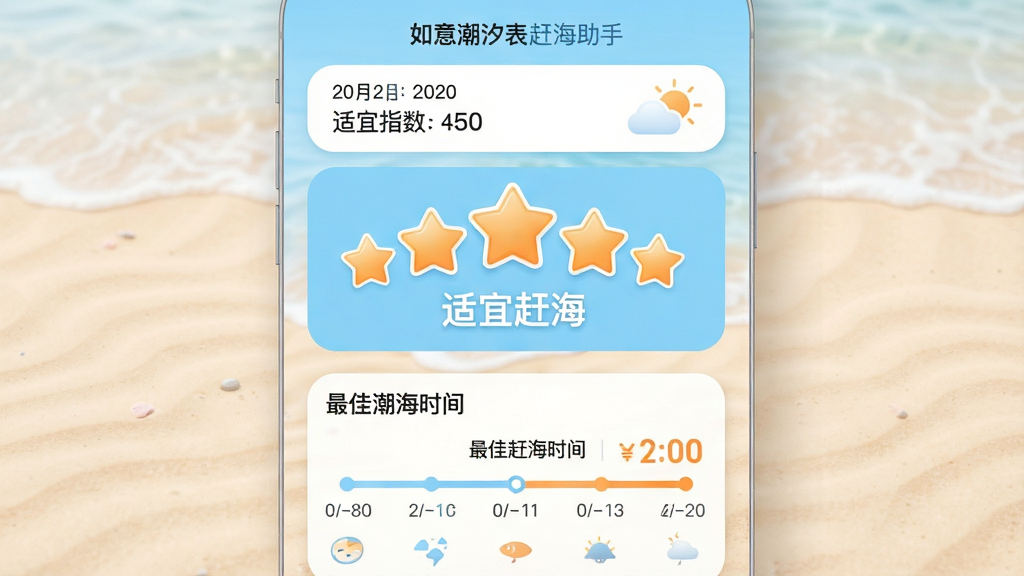 主体:如意潮汐表“赶海助手”功能页面,显示当日推荐时段和适宜指数。布局:顶部为日期和天气图标,中部为大号星级评分,底部为时间轴推荐列表。排版:核心数据居中放大,辅助信息有序排列,色彩区分重点。风格:清新自然风,浅蓝与橙色点缀,圆角卡片设计。细节:星级评分下方有“适宜赶海”文字,时间轴标注“最佳赶海时间”,背景为柔和沙滩纹路,干净无多余元素。画质:明亮通透,元素清晰,干净无多余元素。