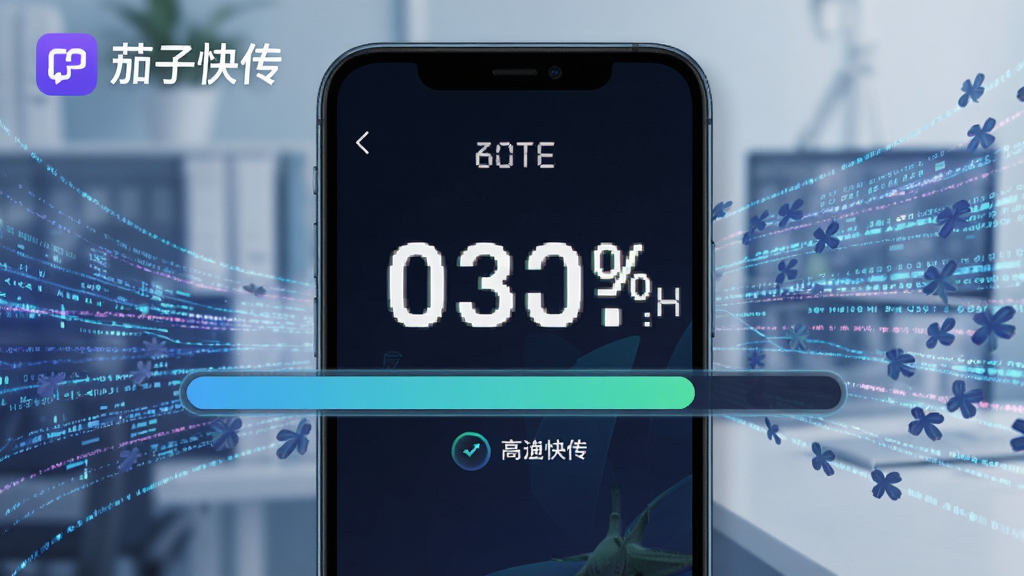 茄子快传传输速度展示图,手机屏幕显示高速传输进度条,速度数值突出,背景为动态数据流,搭配