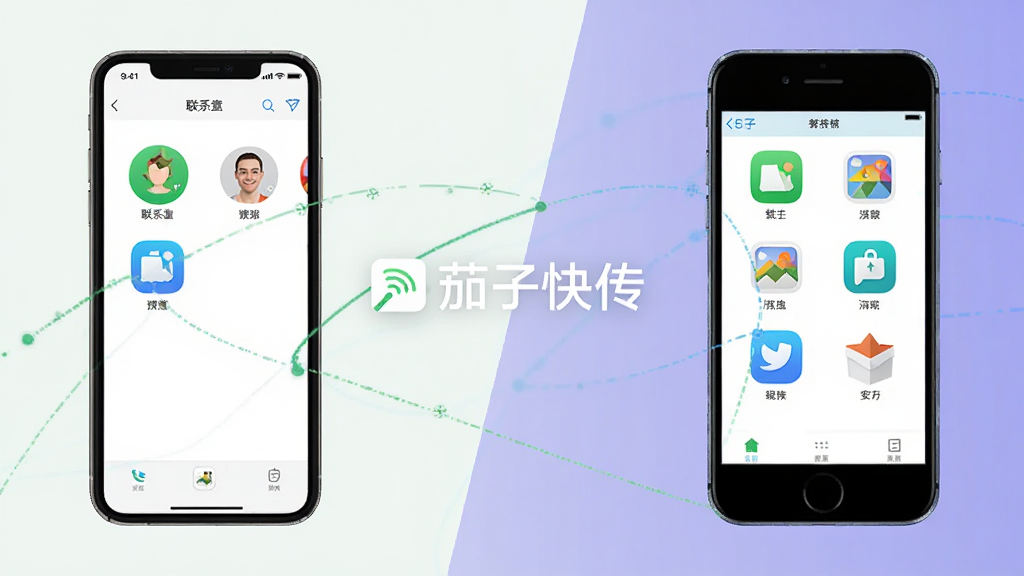 茄子快传换机迁移功能预览图,两部手机新旧交替,数据从旧手机流向新手机,界面显示联系人、照片、应用等图标,配以