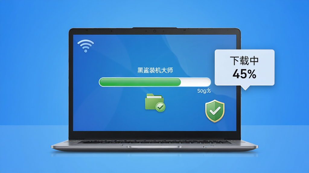 黑鲨装机大师在线重装流程示意图,主体为笔记本电脑屏幕显示进度条,旁边悬浮“下载中 45%”提示框,背景为简洁蓝色渐变,布局居中,风格写实,细节包括网络连接图标和文件校验标识,画质干净无多余元素