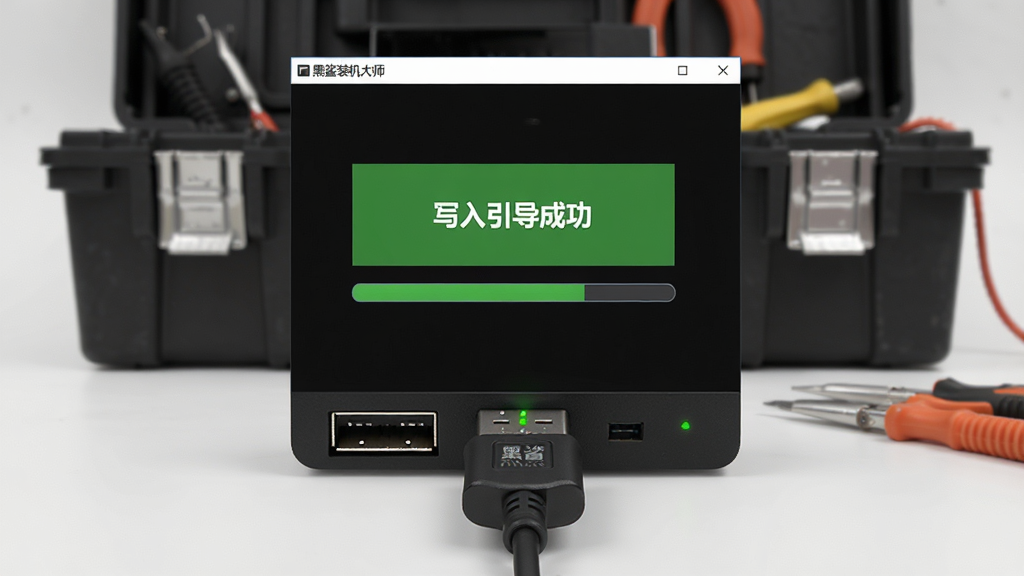 黑鲨装机大师U盘启动制作界面,主体为U盘插入电脑USB接口特写,屏幕显示“写入引导成功”绿色提示,背景为工具箱场景,布局左右对称,风格写实,细节包括U盘指示灯和进度条,画质干净无多余元素