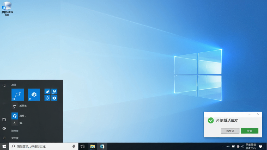 黑鲨装机大师重装完成后的桌面效果图,主体为全新Windows桌面壁纸,右下角显示“系统激活成功”弹窗,布局干净整洁,风格明亮,细节包括任务栏和开始菜单,画质清晰无多余元素