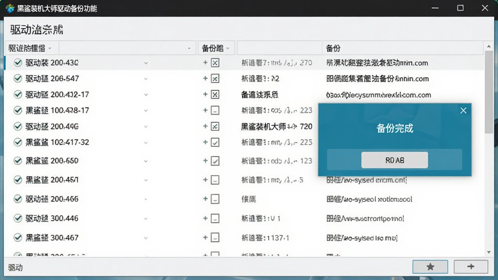 黑鲨装机大师驱动备份功能截图,主体为驱动列表勾选界面,右侧显示“备份完成”弹窗,背景为浅灰色窗口,布局列表式,风格简洁,细节包括驱动版本号和备份路径,画质干净无多余元素