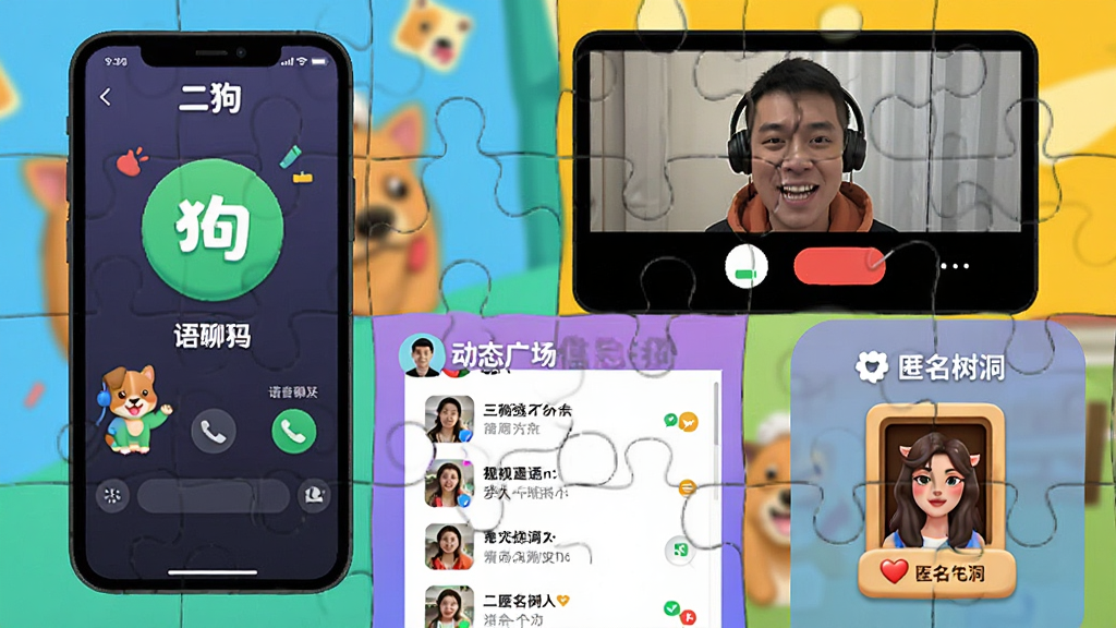 一张展示二狗多样化互动功能的拼图,包含语音聊天界面、视频通话画面、动态广场信息流和匿名树洞入口,每个模块都色彩鲜明,图标活泼,整体布局错落有致,风格活泼明快,突出功能的多元与丰富,带有“二狗”品牌标识,画质细腻,无多余元素