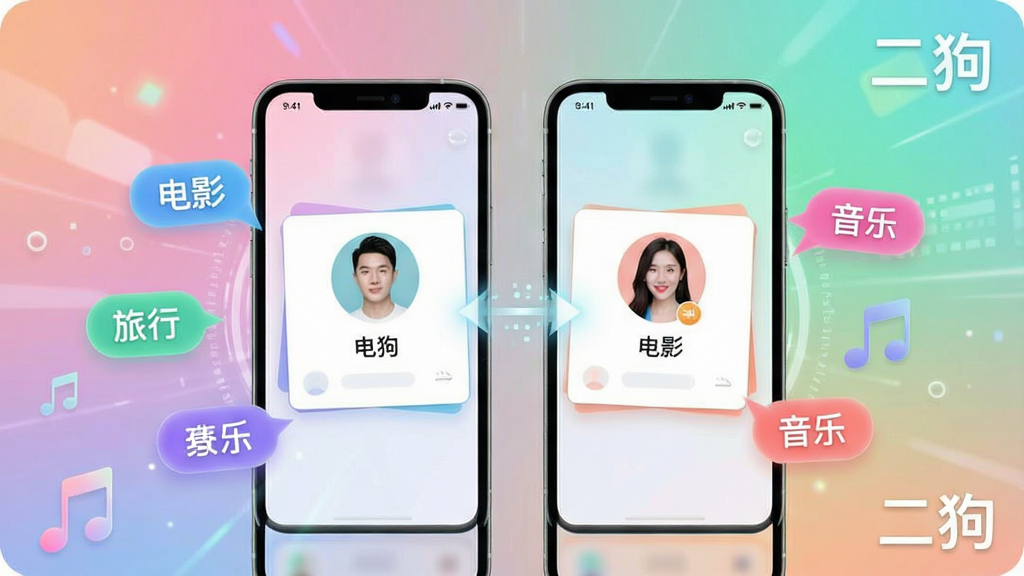 一张展示二狗智能匹配功能的示意图,画面中央是两部手机,屏幕中显示两个用户资料卡片正在互相匹配,周围环绕着兴趣标签如“电影”、“旅行”、“音乐”,背景是柔和的渐变色,整体风格科技感十足,色彩明亮,突出智能与精准,带有“二狗”字样的logo水印,画质清晰,无多余元素