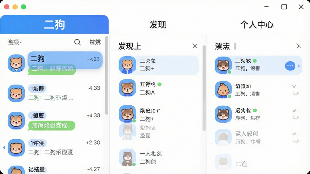 一张展示二狗软件主界面的高清截图,界面布局清晰,包含聊天列表、发现页和个人中心三个主要标签页,整体风格简约现代,以蓝色和白色为主色调,图标圆润可爱,画面干净明亮,突出社交氛围,文字标签“二狗”清晰可见,画质细腻,无多余元素