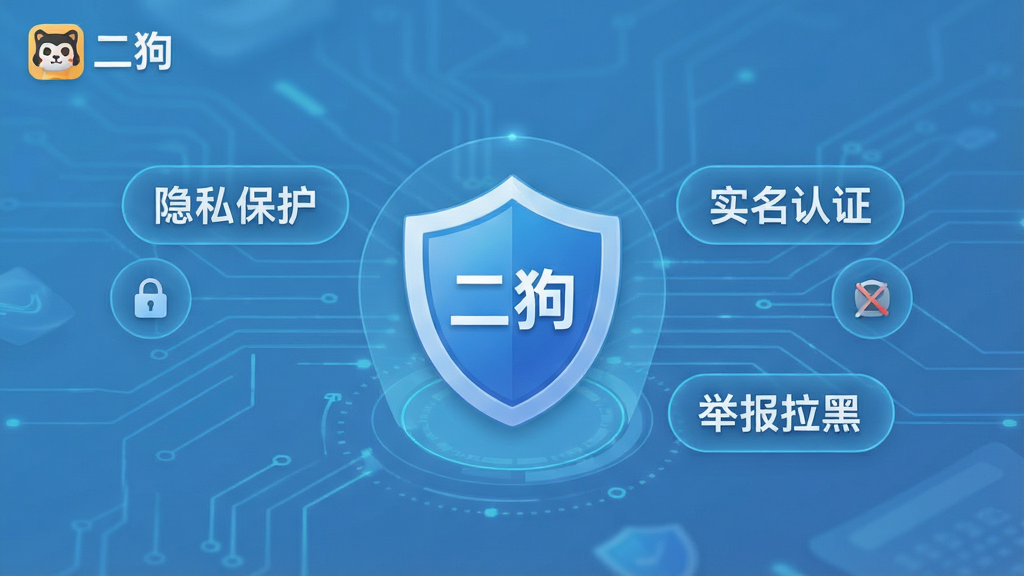 一张展示二狗安全防护功能的界面截图,画面中有一个盾牌图标,周围环绕着“隐私保护”、“实名认证”、“举报拉黑”等关键词,背景为淡蓝色科技感线条,整体风格沉稳大气,突出安全可靠的感觉,带有“二狗”logo,画质清晰,无多余元素