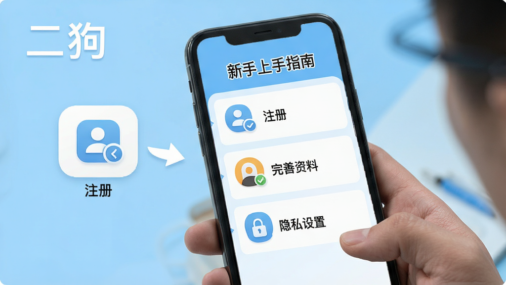 一张展示二狗软件使用教程的配图,画面中手机屏幕显示“新手上手指南”列表,旁边有“注册”、“完善资料”、“隐私设置”等步骤图标,背景为浅蓝色,整体风格简洁明了,突出教程指引作用,带有“二狗”字样,画质清晰,无多余元素