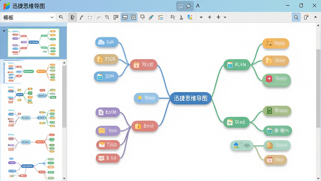 画面主体为“迅捷思维导图”软件主界面,展示一个中心主题向四周发散的多层级分支结构,分支节点带有彩色图标。布局为左右结构,左侧为缩略图与模板列表,右侧为画布编辑区,顶部有菜单与工具栏。排版采用清晰的分栏式,风格为现代扁平化设计,色彩明亮清新,细节包括节点圆角、阴影效果。画质高清,干净无多余元素。