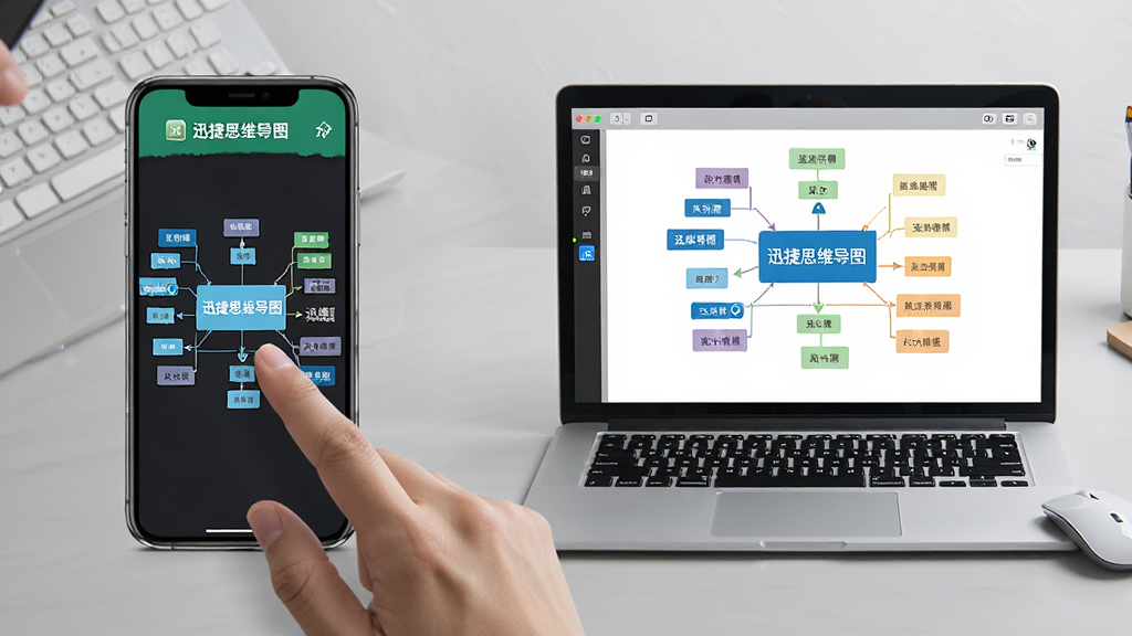 画面主体为“迅捷思维导图”在手机与电脑上的使用场景,左侧是手机竖屏显示导图,右侧是笔记本电脑横屏显示同样导图。布局为左右对比式,背景为浅灰色工作台。风格为写实摄影风,细节包括手指触控屏幕、鼠标点击。画质高清,干净无多余元素。