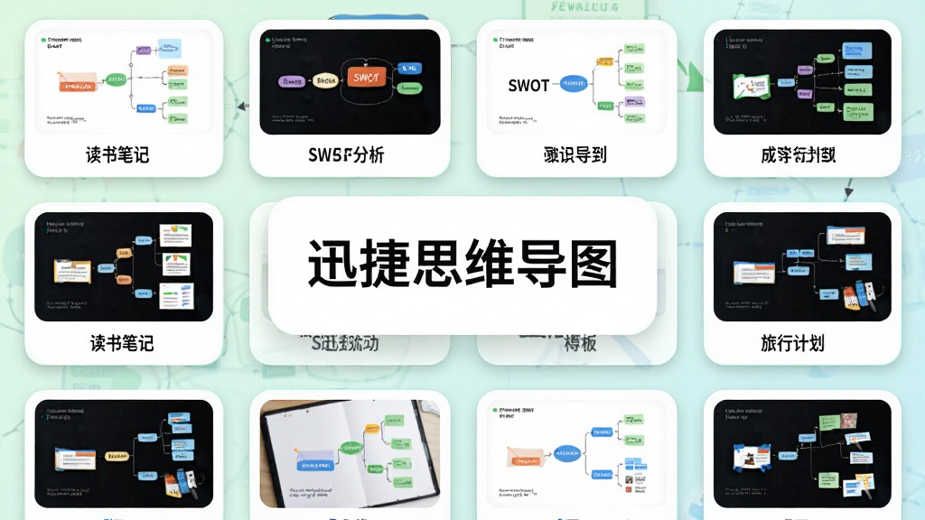画面主体为“迅捷思维导图”的模板中心,展示多个缩略图模板,包括读书笔记、SWOT分析、旅行计划等。布局为网格状排列,每个模板卡片下方有名称标签。风格为清新浅色背景,卡片圆角带阴影,细节包括模板缩略图上的迷你导图结构。画质高清,无多余元素。