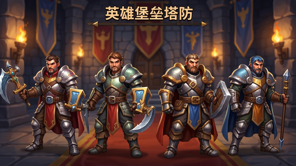 《英雄堡垒塔防》英雄选择界面,画面中展示一排不同职业的英雄立绘,每个英雄都有独特的武器和铠甲,背景是城堡大厅,有火把和旗帜装饰。立绘风格精致,色彩饱和度高,整体画面干净,无多余元素。