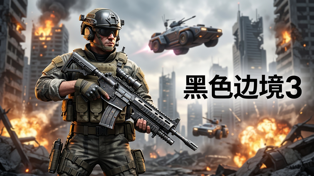 一张展现《黑色边境3》核心全貌的游戏宣传图,主体为一名全副武装的特种兵站在未来城市废墟中,手持高科技步枪,背景是燃烧的建筑物与悬浮战车,画面充满动感与危机感。布局上,人物居中偏左,右侧留出空间展示游戏LOGO“黑色边境3”字样。排版采用宽幅横版构图,风格为写实科幻,细节包括枪械金属质感、人物战术装备纹理、以及远处的爆炸火光,画质高清,干净无多余元素。