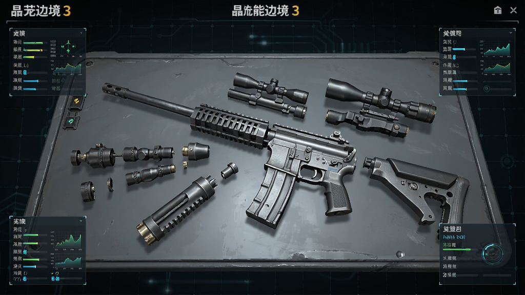 一张《黑色边境3》武器定制界面截图,主体为一把分解开的步枪部件,包括枪管、枪托、瞄准镜等,整齐排列在操作台上。布局上,各部件呈放射状分布,周围有参数调整面板。排版采用俯视视角,风格为科技感UI设计,细节包括金属部件的螺纹、电子屏幕上的数据图表,画质清晰,背景为深色科技网格。