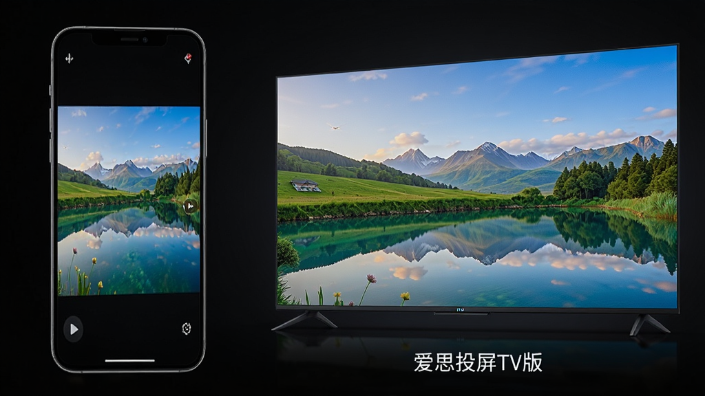 一幅展示高清画质对比的图片,左侧是手机屏幕上的风景视频画面,右侧是大屏电视上显示相同的画面,但色彩更鲜艳、细节更丰富,电视下方标注“爱思投屏TV版”,背景为暗色,突出画质提升效果,画质细腻,干净无多余元素。