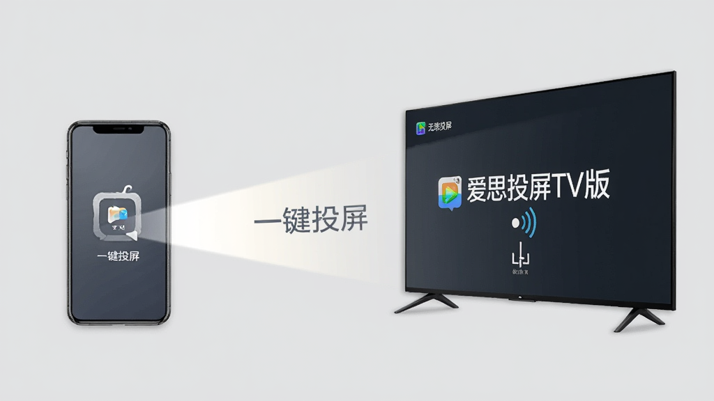 展示“爱思投屏TV版”的无线连接界面,画面中央是一部智能手机,屏幕发出光束连接到右侧的智能电视,电视上显示“爱思投屏TV版”的界面,背景为纯色浅灰,构图简洁,突出连接速度之快,画质清晰,无多余元素,带有“一键投屏”字样。