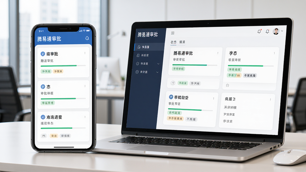 办公场景中,手机与电脑同时显示腾易通审批界面,界面有多个审批卡片和状态标签,布局左右分栏,排版整齐,风格商务清爽,细节展示审批进度条,画质清晰干净,无多余元素。