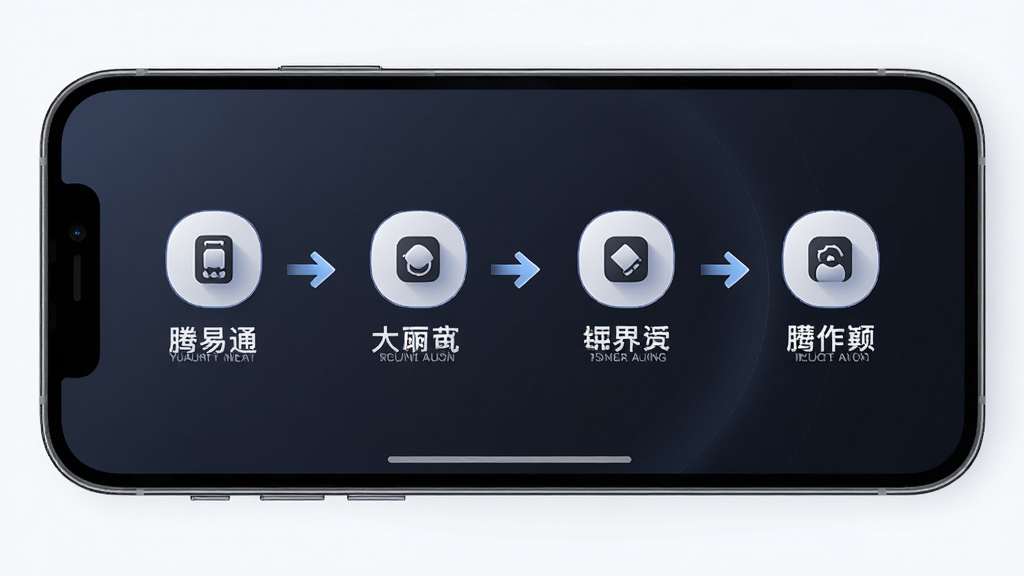 手机横屏展示腾易通操作流程图,步骤由箭头串联,每一步骤配有小图标与简短文字说明,布局流程化,排版清晰,风格简约现代,细节高光柔和,画质高清干净,无多余元素。