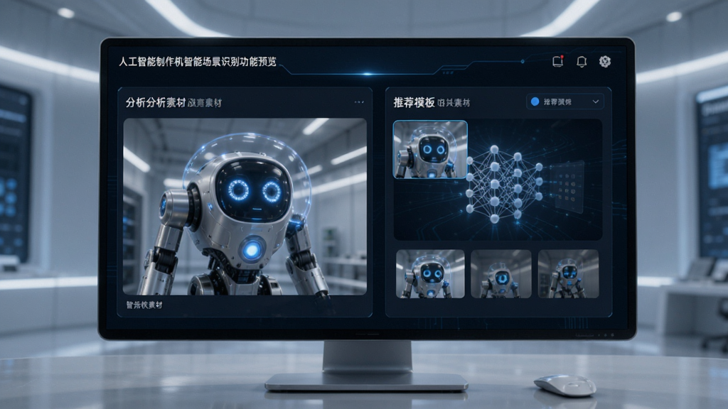 人工智能制作机智能场景识别功能预览,展示分析素材并推荐模板,界面干净,风格科技,画质高清