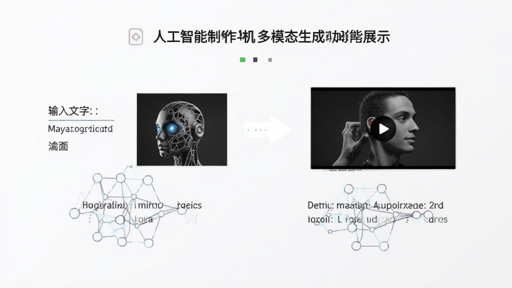 人工智能制作机多模态生成功能展示,输入文字与图片,输出视频与文案,布局清晰,排版现代,风格简洁,画质干净