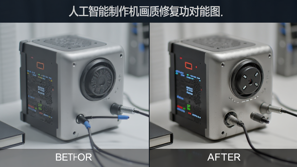 人工智能制作机画质修复功能对比图,展示修复前后的效果,风格专业,细节丰富,画质高清