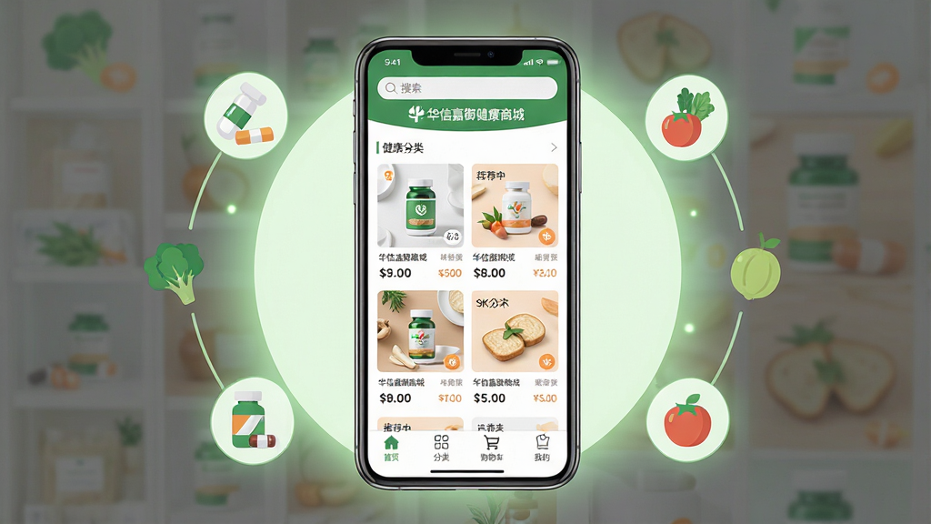 主体:一款名为“华信嘉御健康商城”的手机应用界面展示,屏幕中呈现健康商品分类、推荐商品卡片和底部导航栏;布局:手机居中竖屏展示,周围有淡绿色圆形光晕和简约的药品、蔬果图标环绕;排版:界面清晰,商品图片整齐排列,价格与名称用黑色小字标注;风格:清新自然,现代扁平化设计,整体以白色、绿色和淡橙色为主色调;细节:屏幕顶部显示搜索栏和“华信嘉御健康商城”Logo,底部导航包含首页、分类、购物车、我的;画质:8K超清,干净整洁,无多余元素。