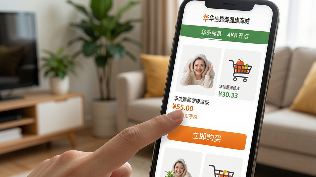 主体:华信嘉御健康商城手机使用场景,用户手指点击屏幕上的“立即购买”按钮;布局:手机特写,屏幕清晰显示商品页,背景为温馨的家庭客厅环境;排版:界面中商品图、价格、按钮层次分明,手指位置突出;风格:写实生活风,光线柔和,色彩自然;细节:手机屏幕上有“华信嘉御健康商城”Logo,按钮为橙色,背景有绿植;画质:4K高清,干净无多余元素。