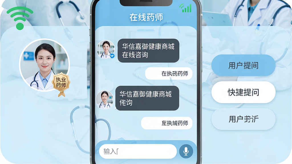 主体:华信嘉御健康商城在线咨询界面,左侧为药师头像和对话框,右侧为快捷提问按钮;布局:手机屏幕居中,背景为浅蓝色医疗风格,顶部有“在线药师”字样;排版:对话气泡清晰,药师回复文字用深灰色,用户文字用白色,底部输入框有麦克风图标;风格:温和专业,圆角卡片设计;细节:药师头像旁有“执业药师”徽章,屏幕上方有绿色信号图标;画质:超清,干净无多余元素。
