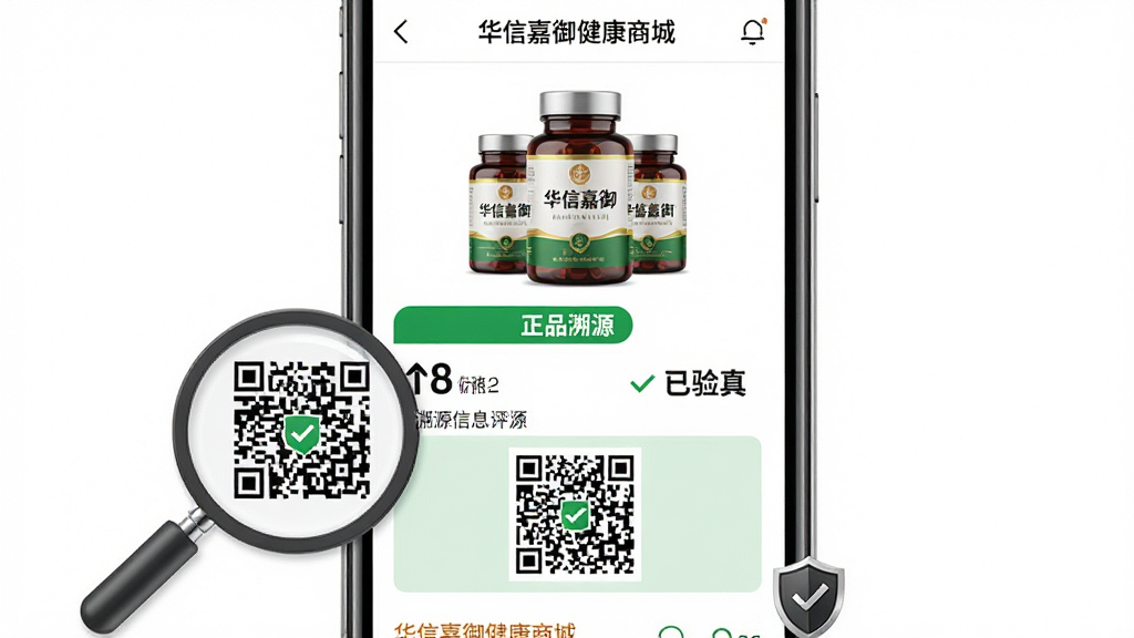 主体:“华信嘉御健康商城”商品详情页展示,页面上方为保健品实物图,下方有“正品溯源”绿色标签和二维码;布局:手机屏幕居中,左侧有放大镜图标聚焦二维码,右侧显示“已验真”字样;排版:自上而下依次为商品大图、价格、溯源信息、用户评价,文字清晰可读;风格:简洁商务风,背景为纯白色,二维码区域用浅绿色底色突出;细节:商品瓶身印有“华信嘉御”字样,屏幕右下角有盾牌图标;画质:高清细腻,干净无杂物。