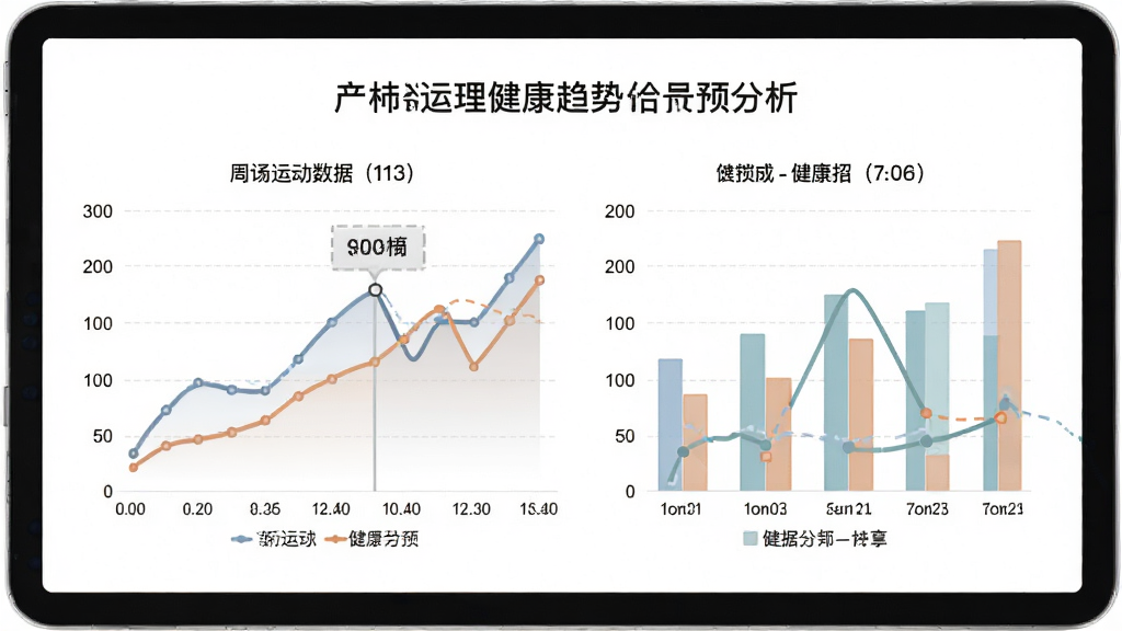 运动健康助理健康趋势分析图表预览,展示一周运动数据的折线图和柱状图,图表配色柔和,背景为白色,风格简洁商务,细节清晰,画质细腻