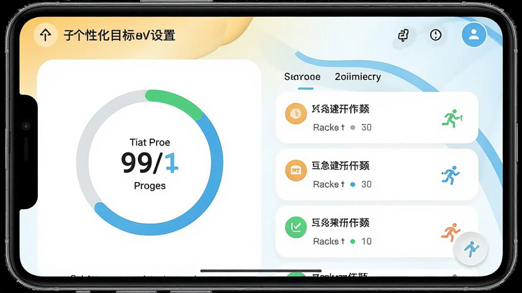 运动健康助理个性化目标设置界面截图,显示目标进度环和每日任务列表,界面色彩明亮,数据可视化元素丰富,风格清新,排版有序,画质清晰