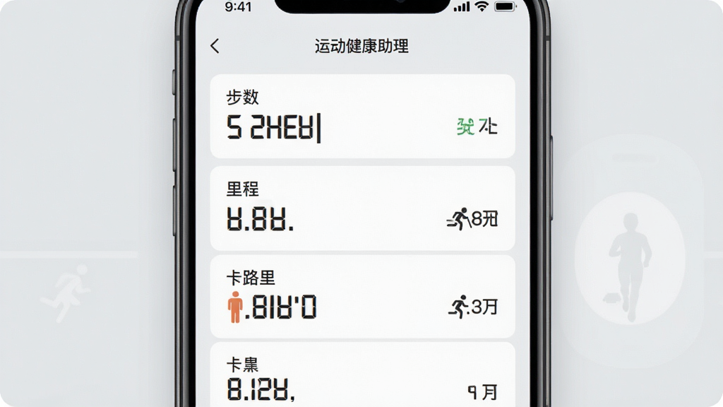 运动健康助理智能数据记录功能预览图,画面展示手机屏幕上的运动数据列表,包括步数、里程、卡路里等指标,每个数字清晰可见,背景为浅灰色,风格简约,排版整齐,画质干净