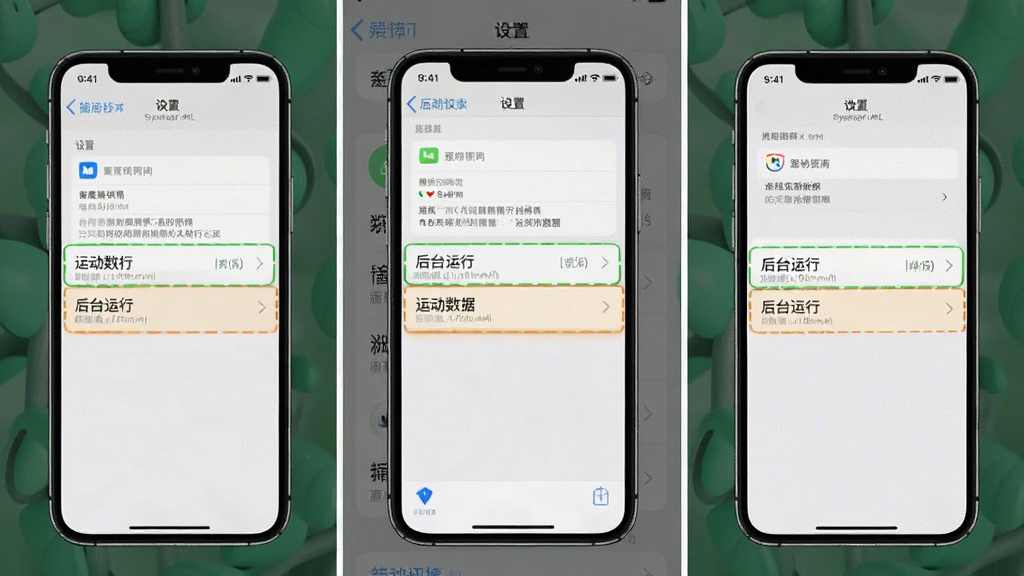 运动健康助理使用指南示意图,展示手机设置界面中应用权限管理页面,高亮显示“运动数据”和“后台运行”选项,背景为系统设置风格,画质清晰,布局规范,无多余元素
