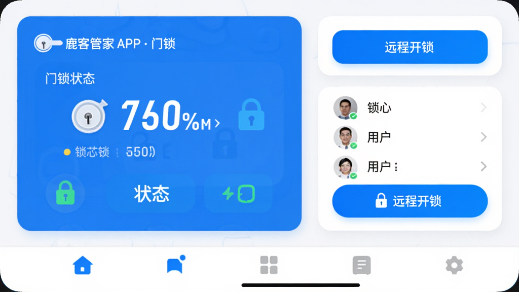 主体:鹿客管家APP的门锁管理界面,展示门锁电量百分比、锁芯状态图标、用户列表及“远程开锁”按钮。布局:界面元素垂直排列,左侧为门锁状态卡片,右侧为操作按钮,底部为导航栏。排版:信息层级分明,关键数据用大号数字突出,按钮颜色鲜明。风格:扁平化UI设计,蓝白配色,圆角卡片。画质:高清细腻,干净无多余元素。