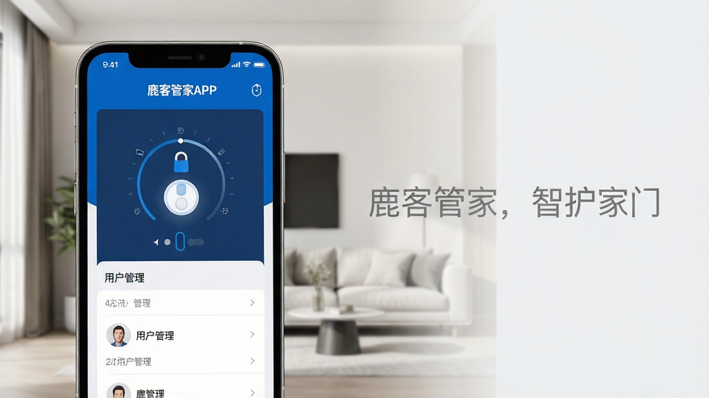 主体:鹿客管家APP在智能手机上运行的界面特写,屏幕中央显示门锁开关状态与用户管理列表,背景为现代简约风格的客厅一角。布局:手机位于画面左侧1/3处,右侧留白区域配以浅灰色文字“鹿客管家,智护家门”,整体平衡稳重。排版:手机屏幕内容清晰可辨,字体为无衬线体,色彩以品牌蓝白为主。风格:写实产品渲染,光线柔和自然,细节精致。画质:4K超清,干净无多余元素。
