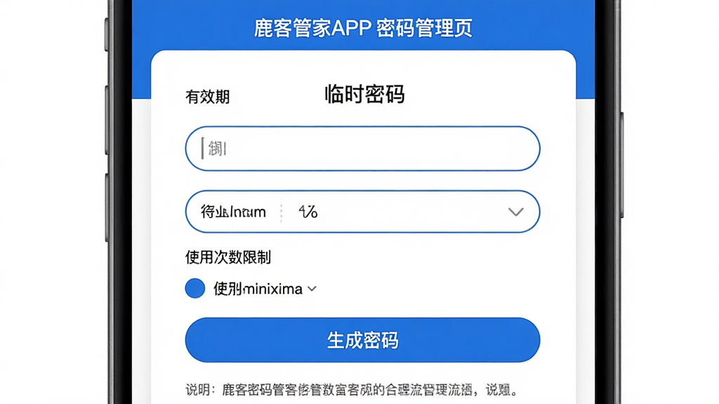 主体:鹿客管家APP的密码管理页面,显示“临时密码”创建界面,包含有效期选择器、使用次数限制选项及“生成密码”按钮。布局:表单样式居中,顶部为标题栏,底部为说明文字。排版:字段标签清晰,输入框有圆角描边,按钮为品牌蓝色。风格:简洁商务风,白底蓝字,细节精致。画质:干净无多余元素。