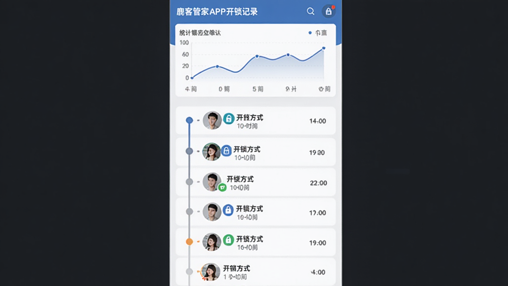 主体:鹿客管家APP的开锁记录页面,展示时间轴形式的历史记录列表,每条记录包含头像、开锁方式图标、时间,顶部为统计折线图。布局:列表铺满屏幕,折线图置于顶部,下方为滚动记录。排版:时间轴清晰,图标简洁,颜色区分不同开锁方式。风格:数据可视化风格,蓝灰配色,专业感强。画质:干净无多余元素。