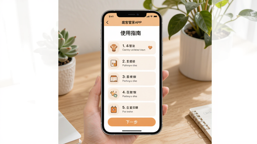 主体:鹿客管家APP在手机上显示“使用指南”页面,屏幕上有步骤列表和图标,背景为书桌与绿植。布局:手机居中,两侧留白,底部有“下一步”按钮。排版:步骤编号清晰,配色温和。风格:插画风+实拍混合,明亮清新。画质:干净无多余元素。